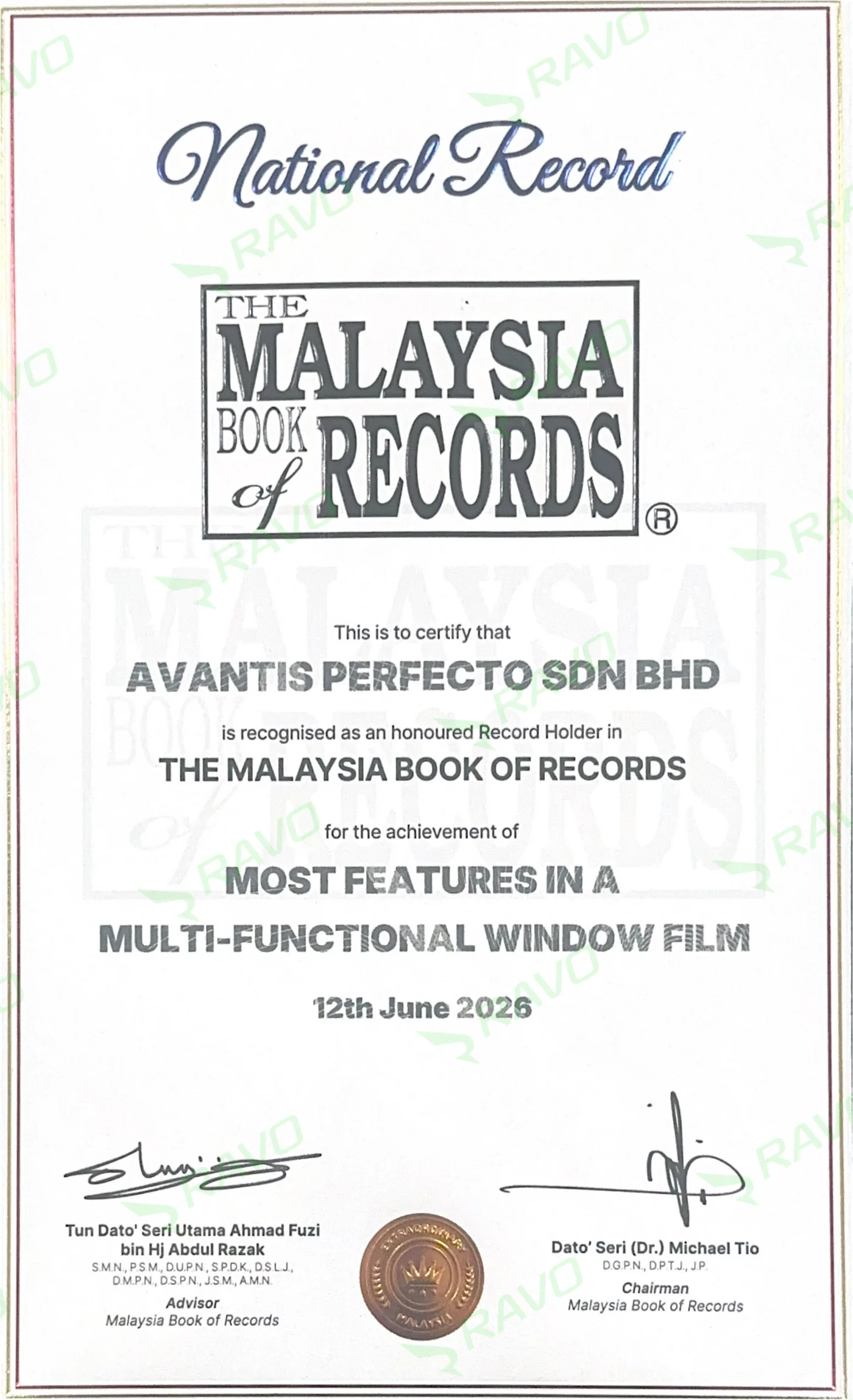 The Malaysia Book of Records — Most features in a multi-functional window film