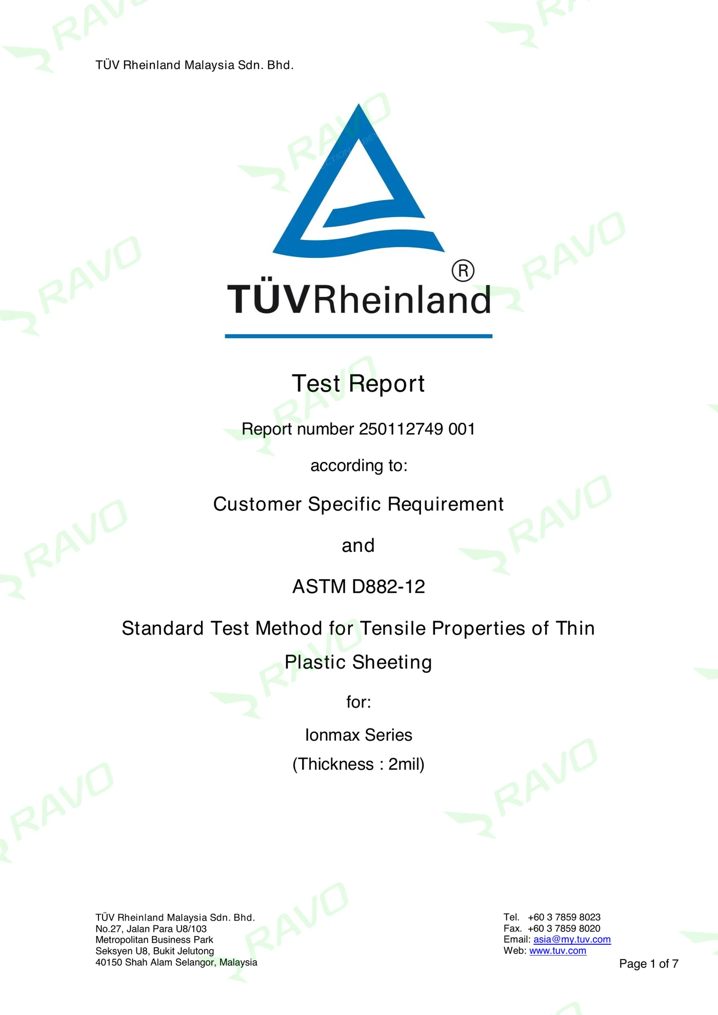 TÜV Rheinland Malaysia Sdn. Bhd. — Tensile Strength Test Report